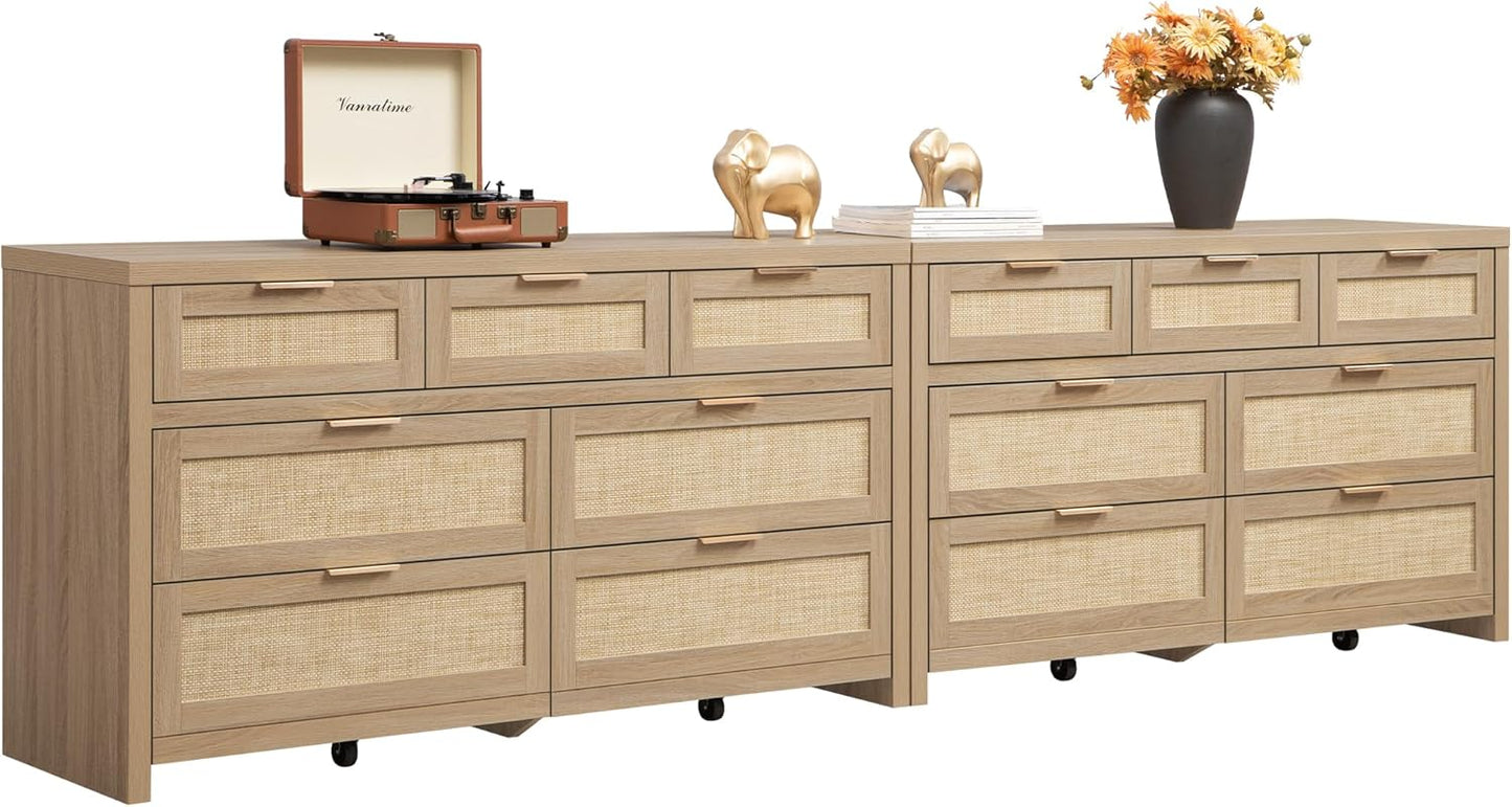 SICOTAS 7 Drawer Dresser for Bedroom Set with Rattan Design