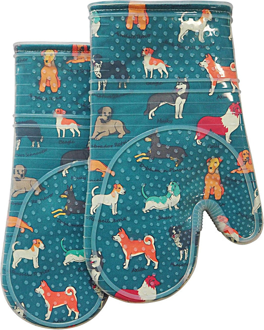 Dog Print Heat-Resistant Oven Mitts Set (Blue)
