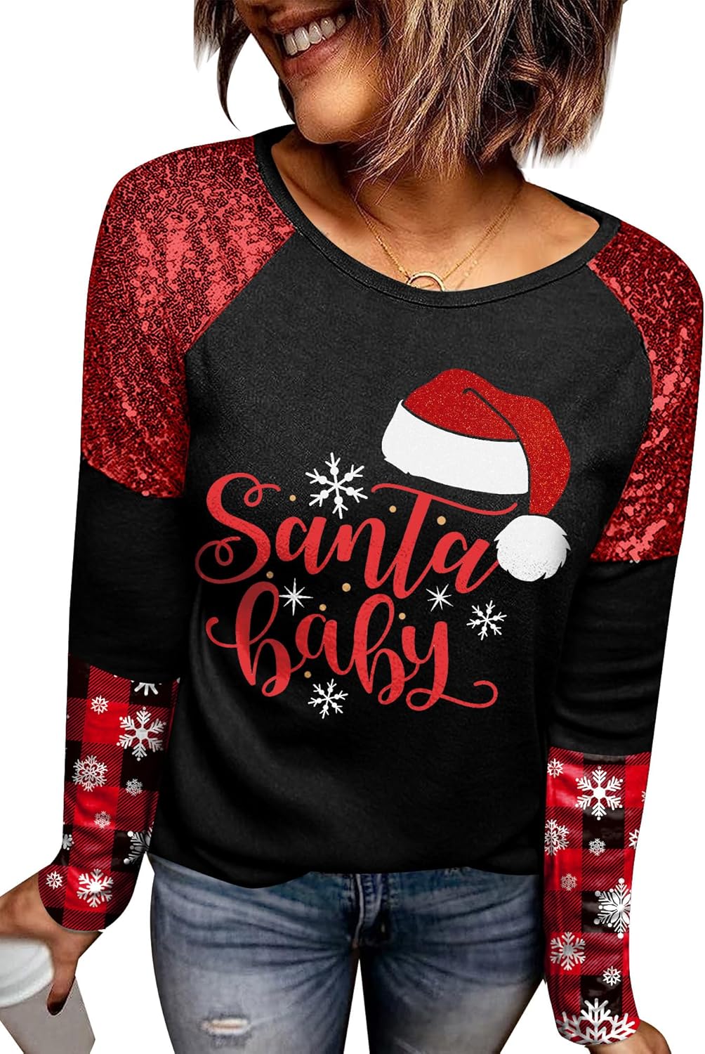 Christmas Long Sleeve Sequin Raglan Sweatshirt for Women