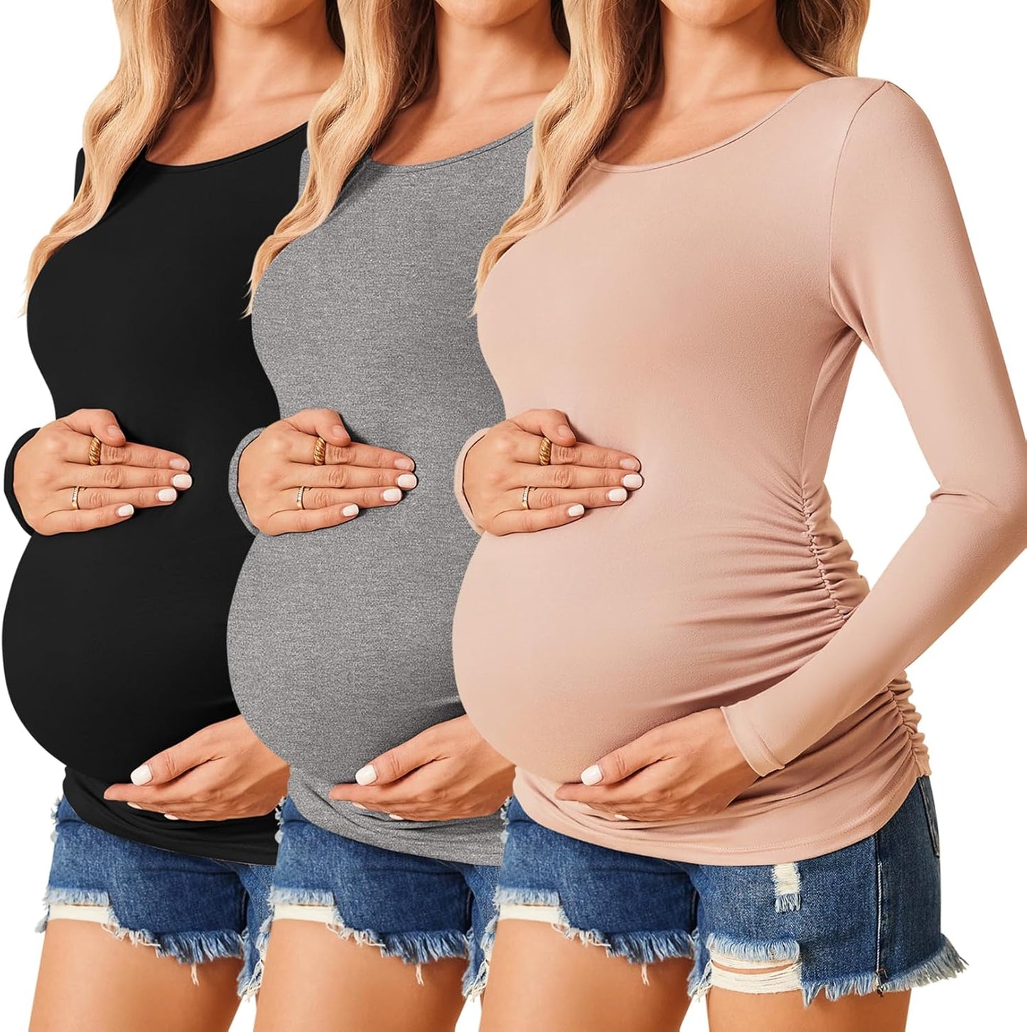Ekouaer Womens Maternity Shirts Long Sleeve 3 Pack Tunic Tops