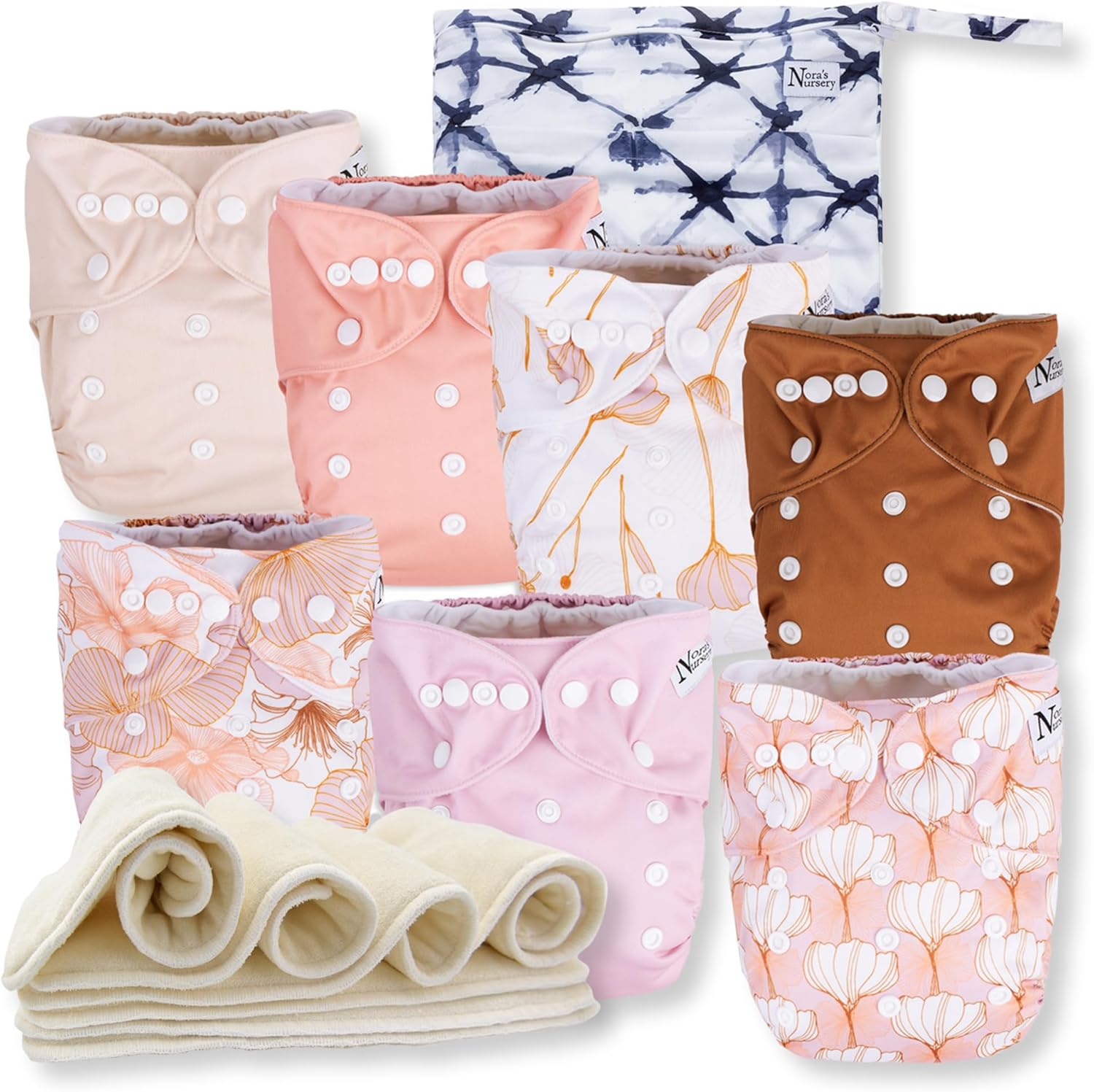 Nora's Nursery Cloth Diapers 7 Pack with Inserts & Wet Bag