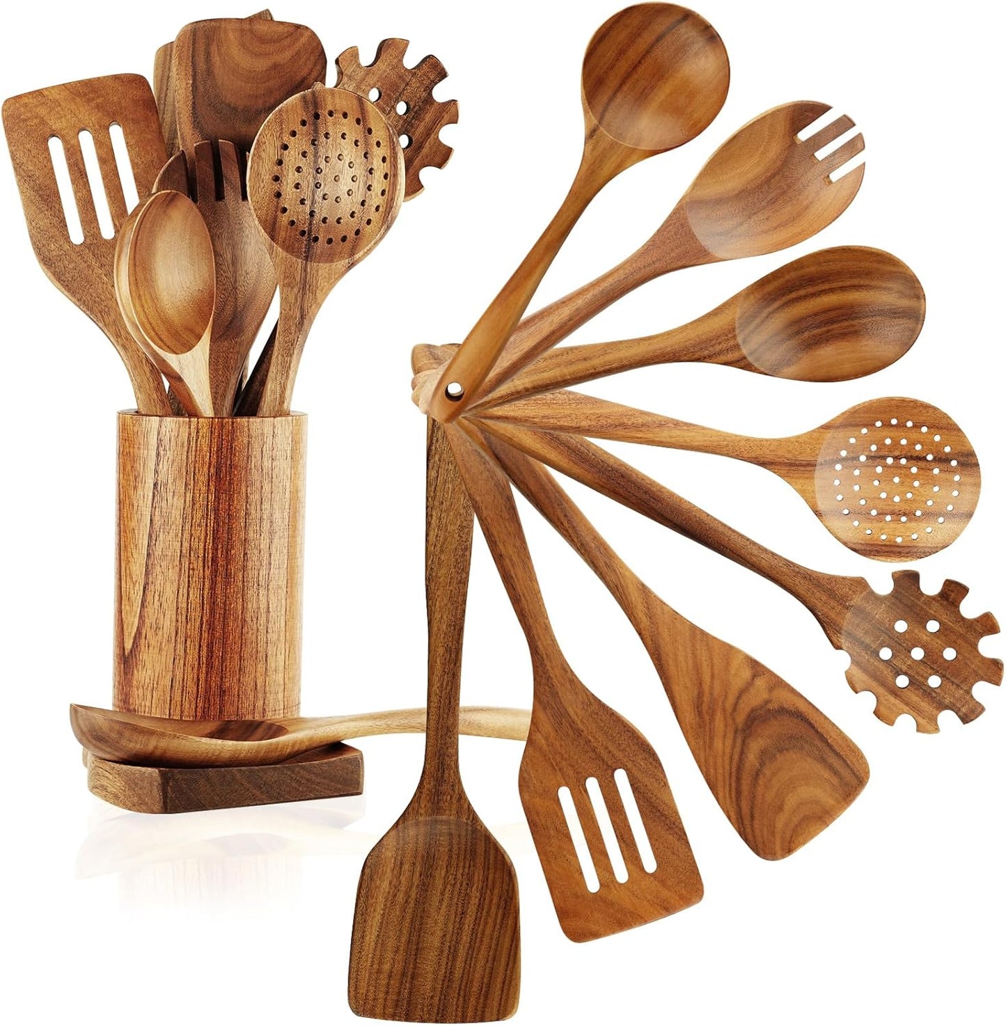 Wooden Spoons for Cooking - 10 Pcs Teak Utensil Set with Holder