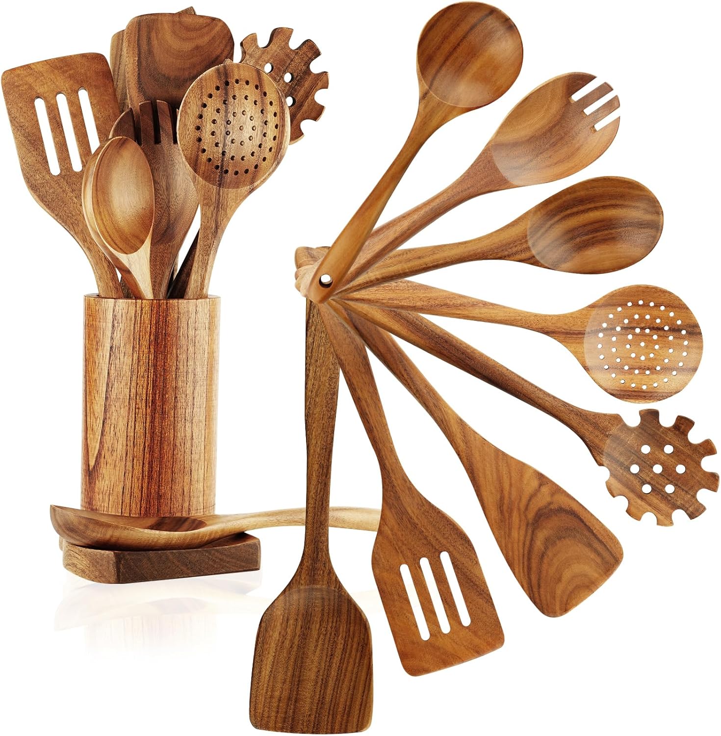 Wooden Spoons for Cooking - 10 Pcs Teak Utensil Set with Holder