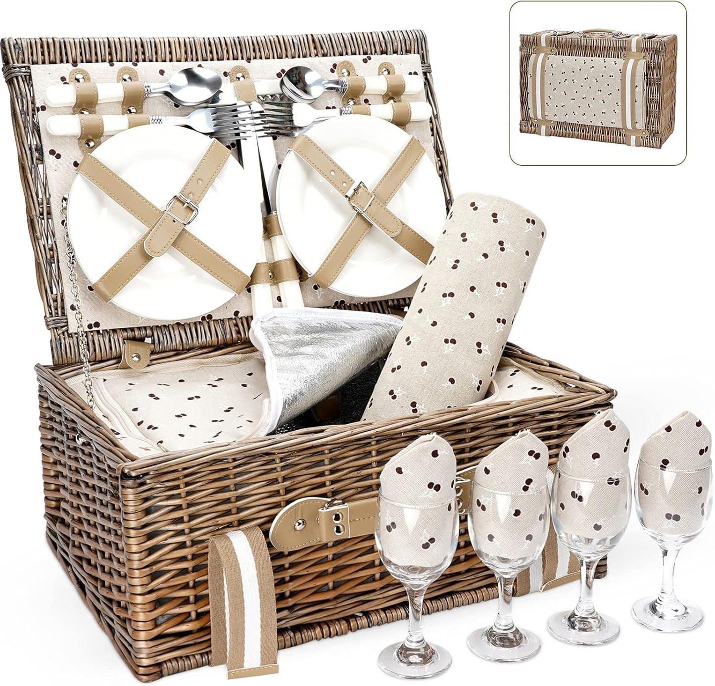 Willow Picnic Basket Set for 4 with Insulated Cooler Bag