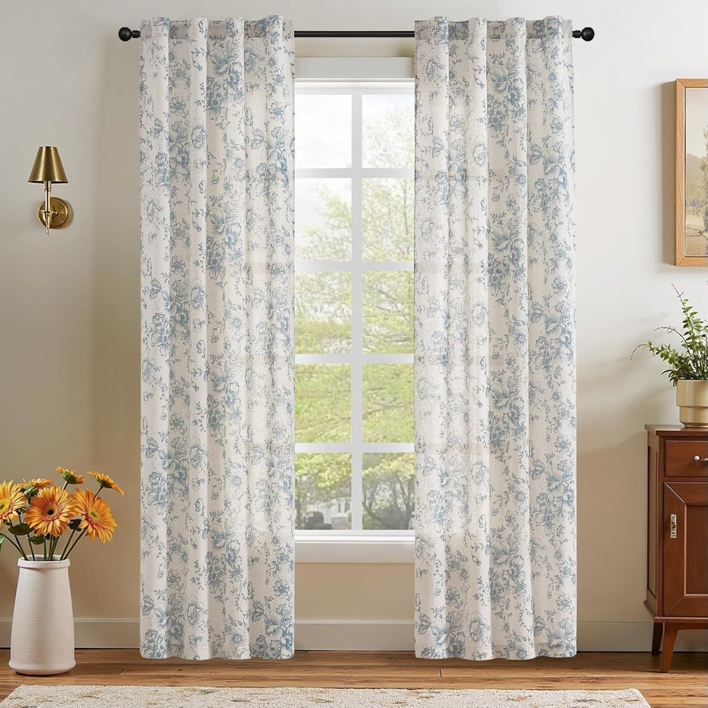 Linen Floral Curtains 84 Inch Length for Living Room Bedroom