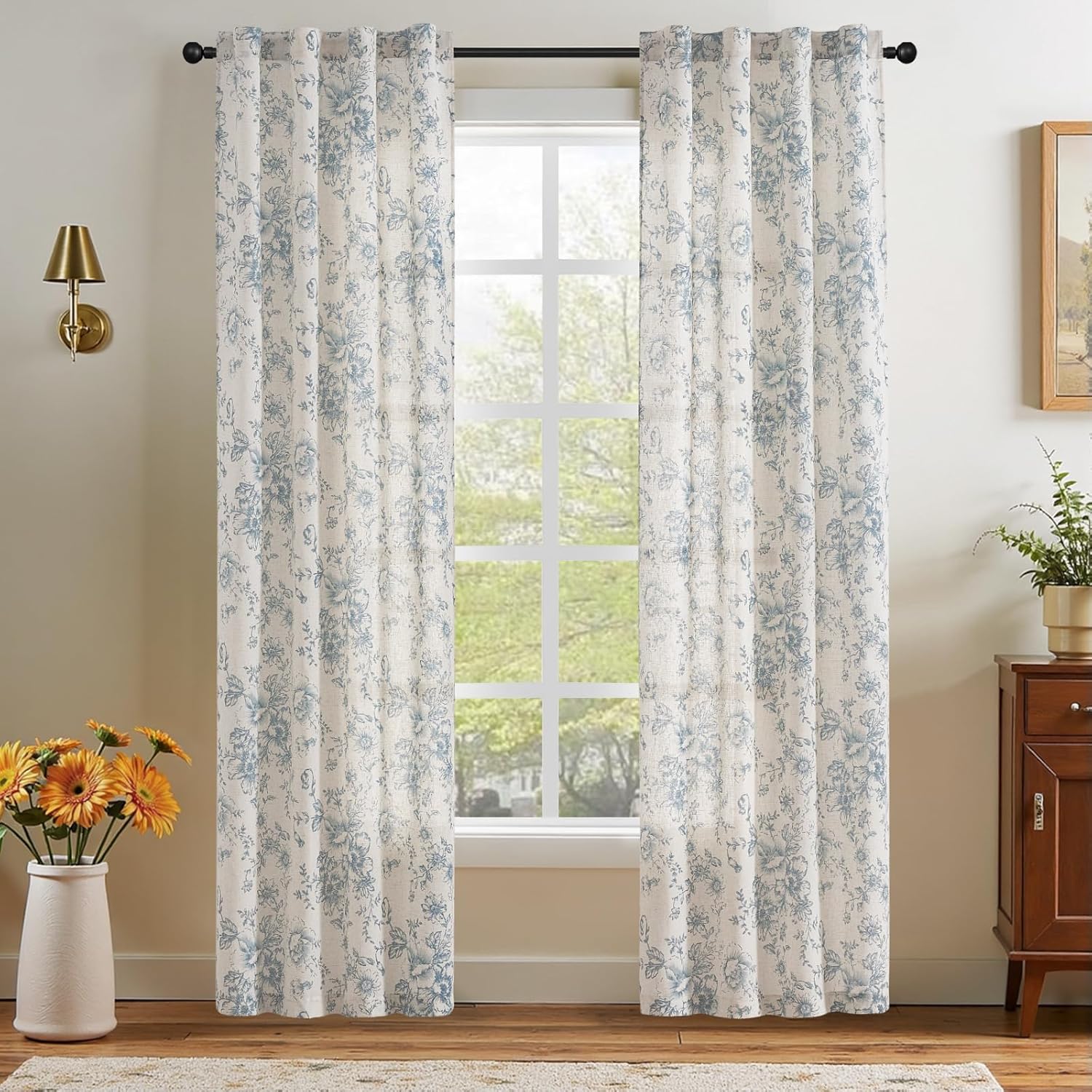 Linen Floral Curtains 84 Inch Length for Living Room Bedroom