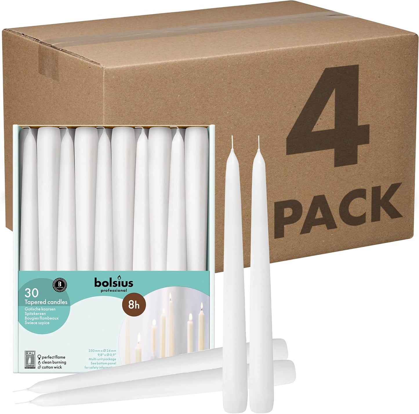 BOLSIUS White Taper Candles - Premium Quality Dripless Set