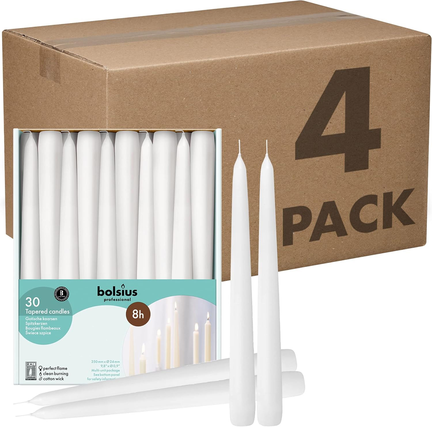 BOLSIUS White Taper Candles - Premium Quality Dripless Set