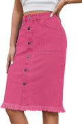 Women's Denim Midi Skirt Button Down Raw Hem - Classic Casual Look