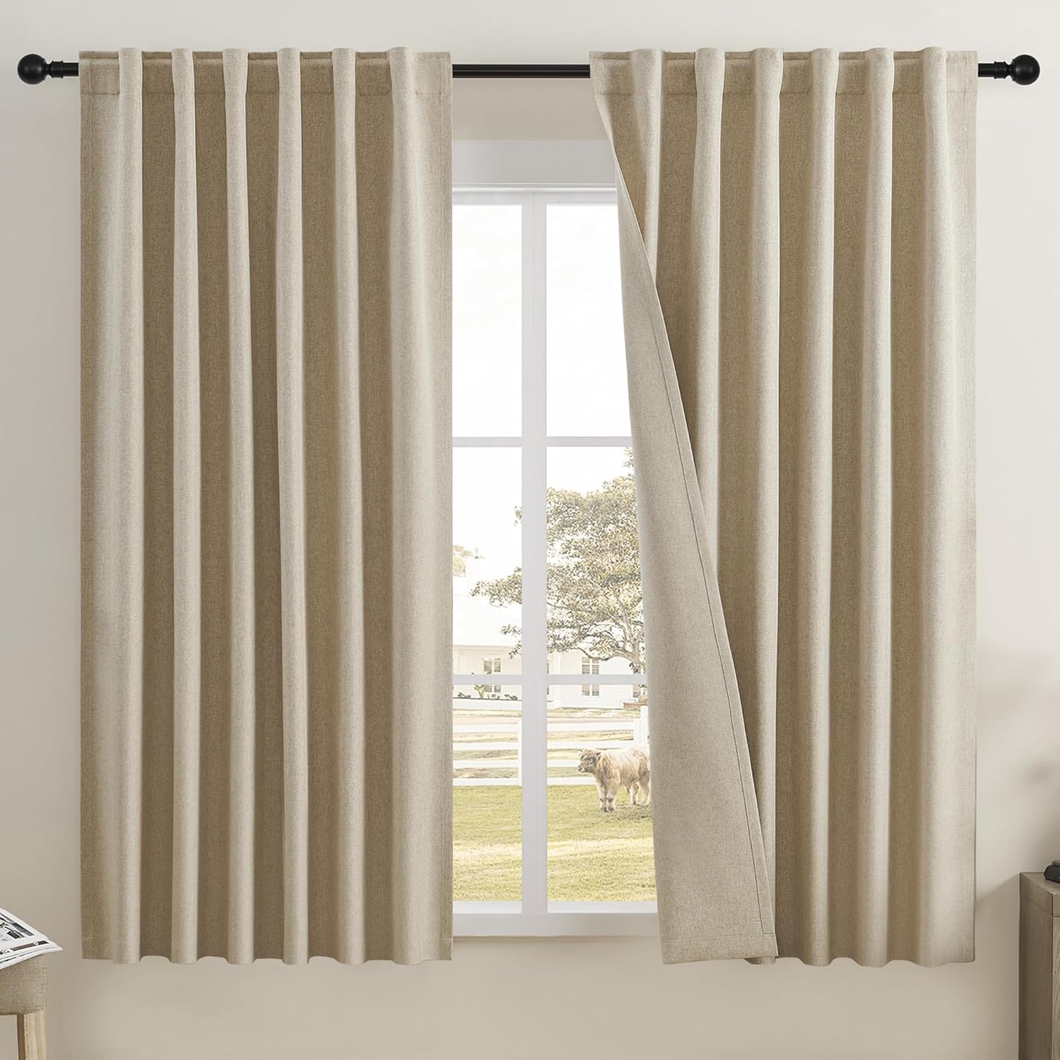 DUALIFE Taupe Flax Linen Curtains for Living Room and Bedroom