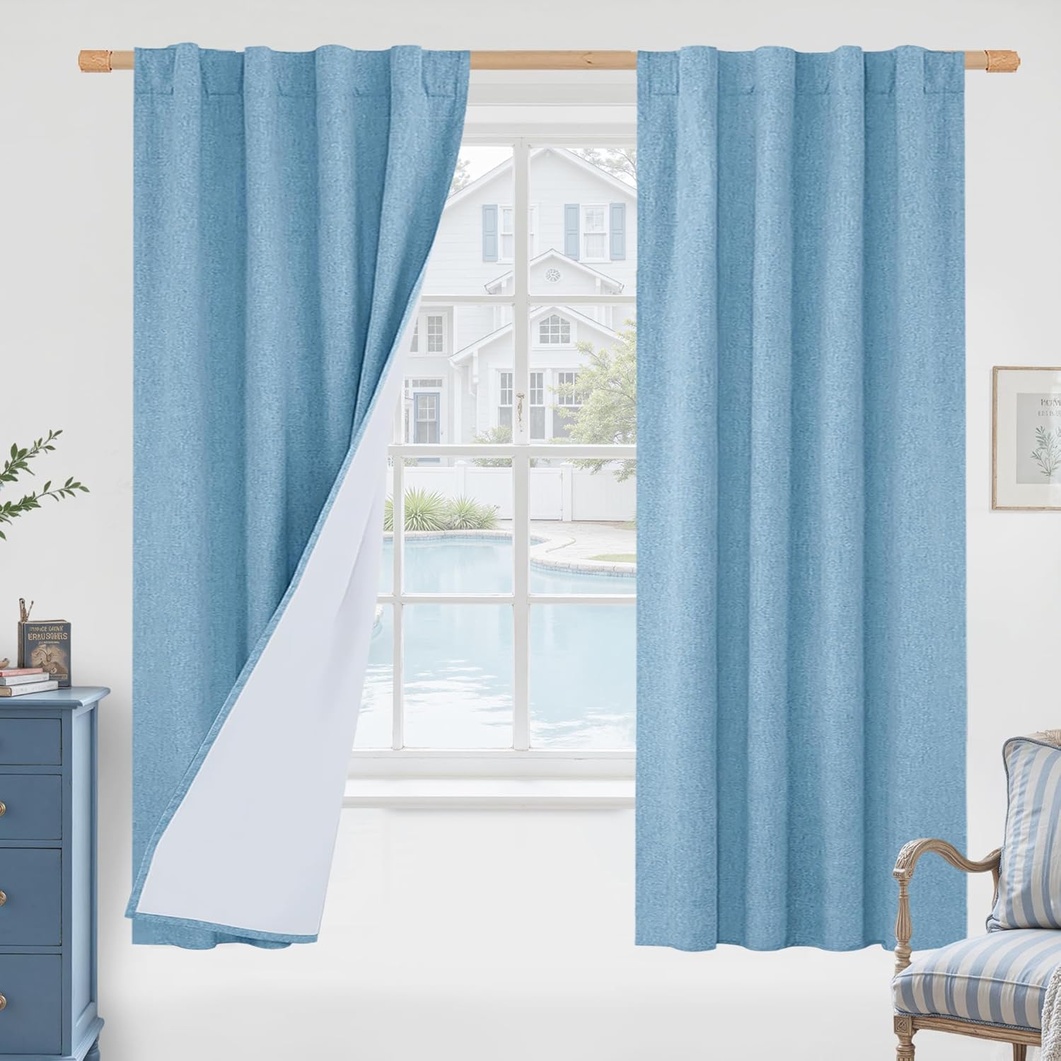 LAMIT Blue 100% Blackout Linen Curtains for Elegant Bedrooms