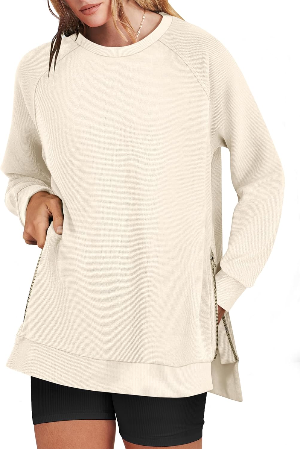 Oversized Sweatshirts for Women with Side Zipper and Crewneck