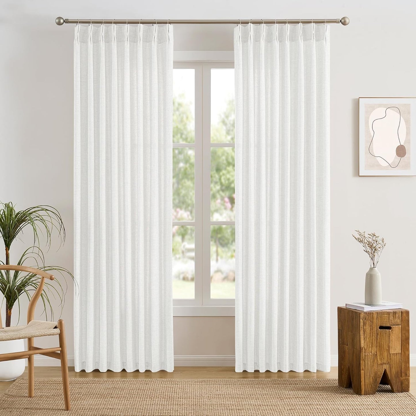 Elegant 100 Inch White Linen Pinch Pleated Curtains for Home