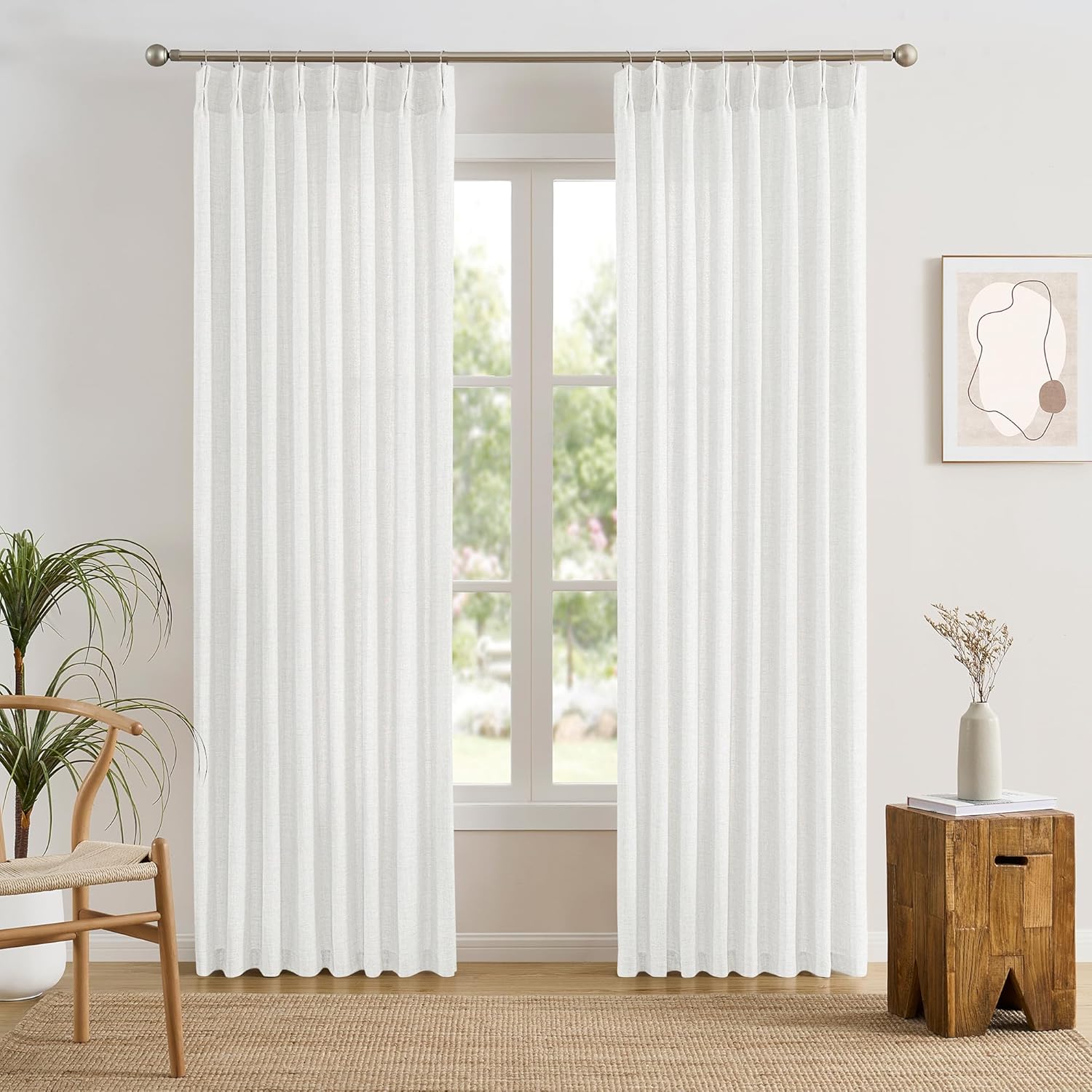 Elegant 100 Inch White Linen Pinch Pleated Curtains for Home