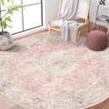 Pink Round Rug 6ft - Washable Blush Boho Floral Area Rug