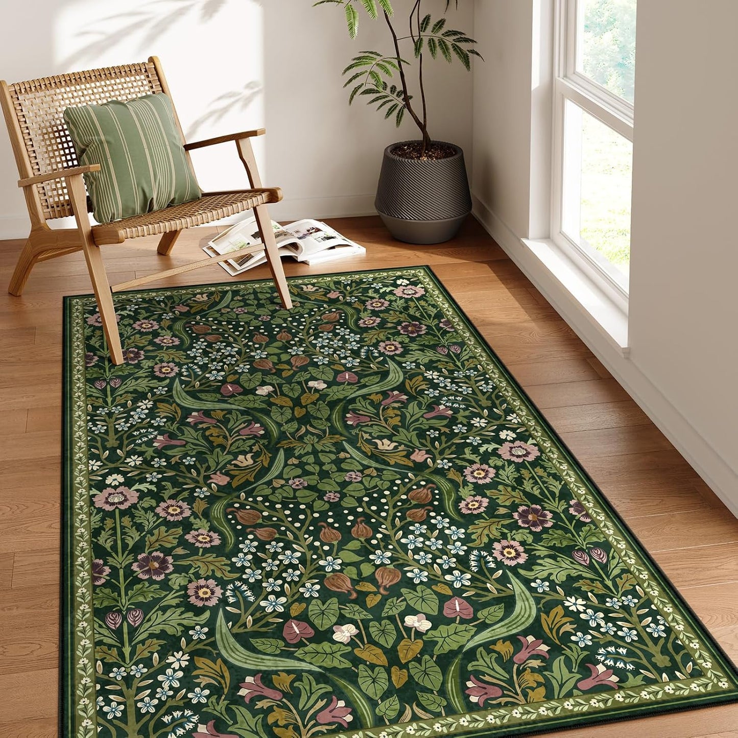 Moynesa Floral Green 4x6 Rug - Soft Non Slip Indoor Carpet