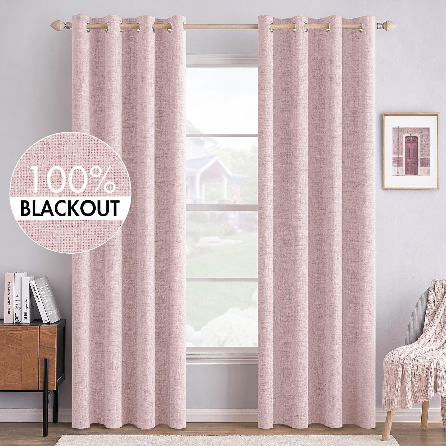 MIULEE Linen Texture Curtains for Bedroom 100% Blackout Pink