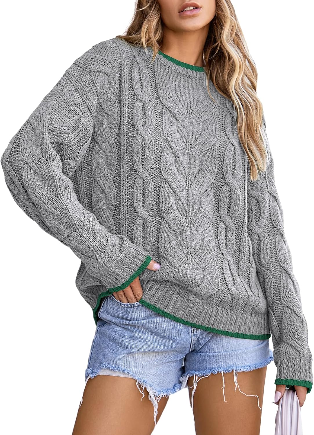 Trendy Crewneck Long Sleeve Color Block Sweater for Women