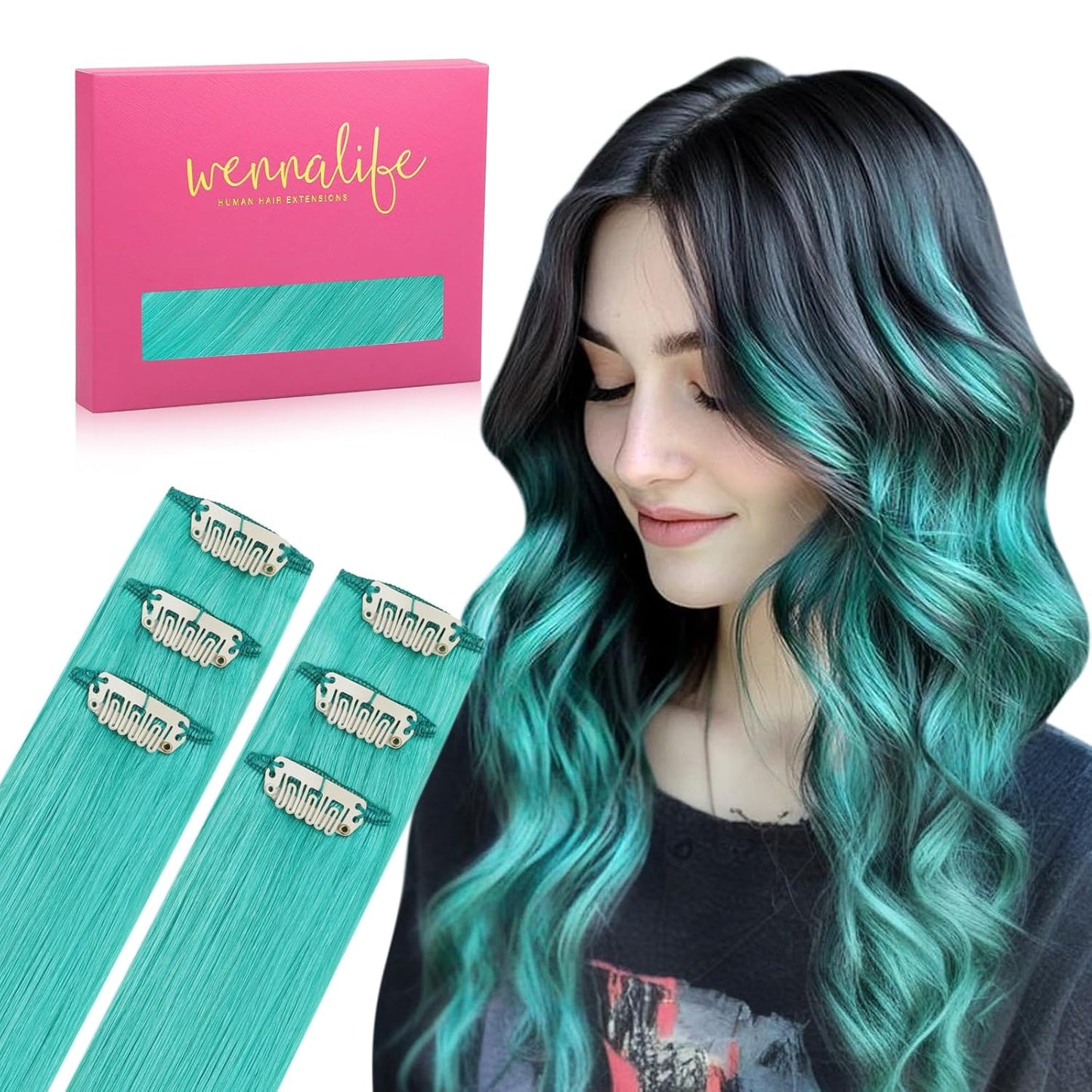 WENNALIFE Teal Green Clip in Hair Extensions for Colorful Style