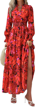 Floral Maxi Dress V Neck Long Sleeve - Flowy Boho Fall Dress Clothing