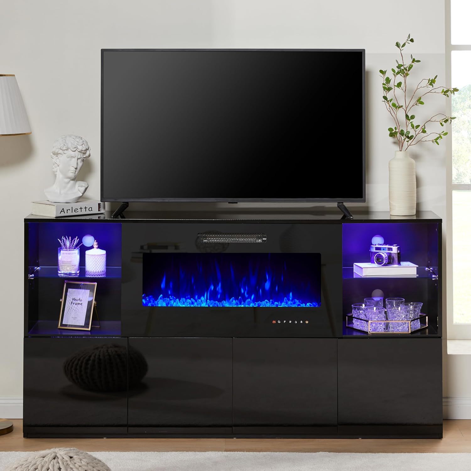AMERLIFE High Gloss TV Stand with Fireplace & LED Lights