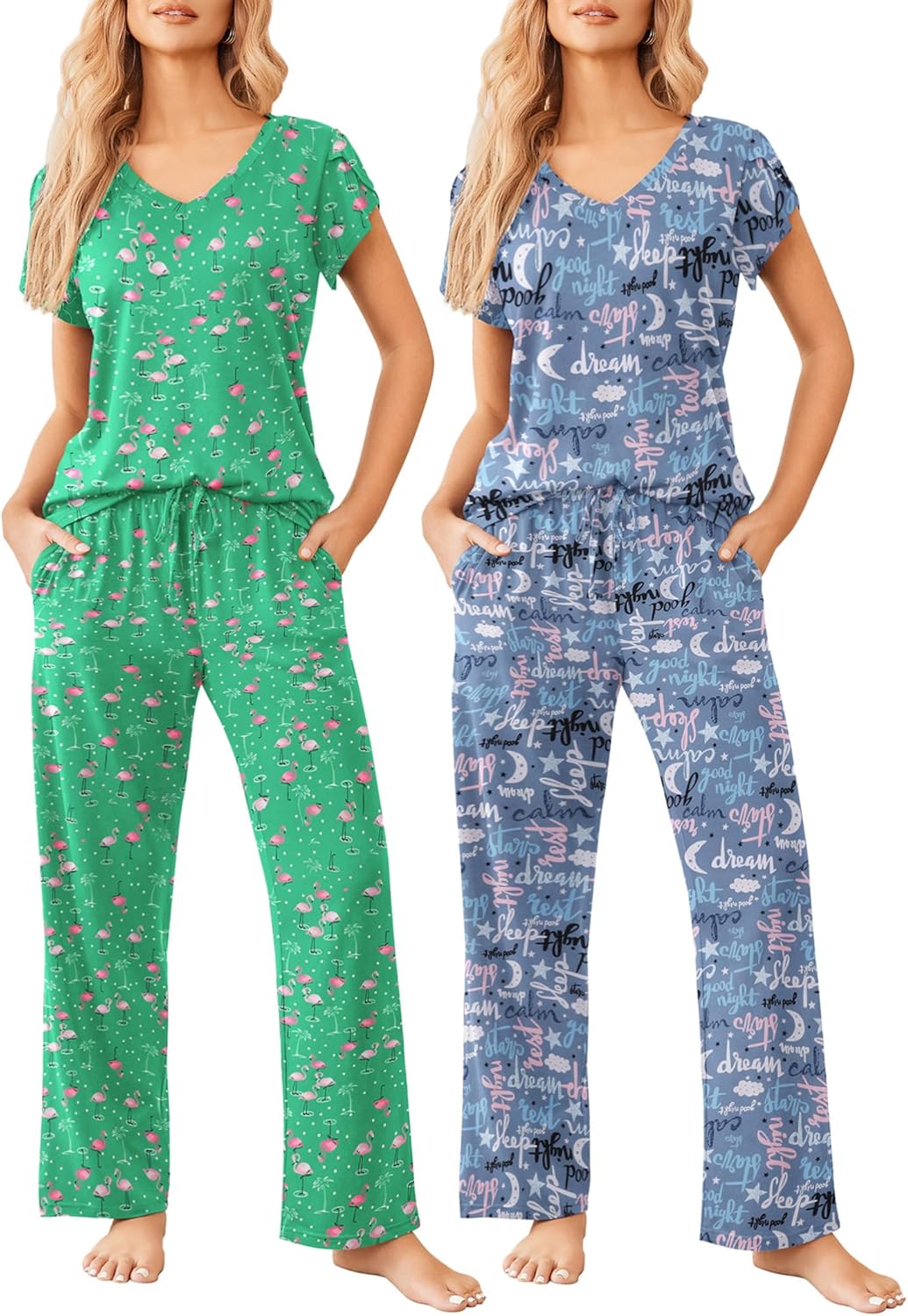 Ekouaer 2 Pack Womens Pajamas Short Sleeve Sleepwear Set