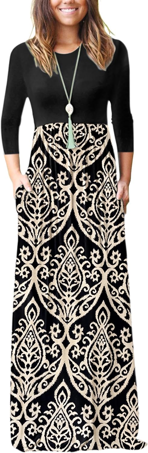 WNEEDU Women's 3/4 Sleeve Casual Maxi Dresses with Pockets
