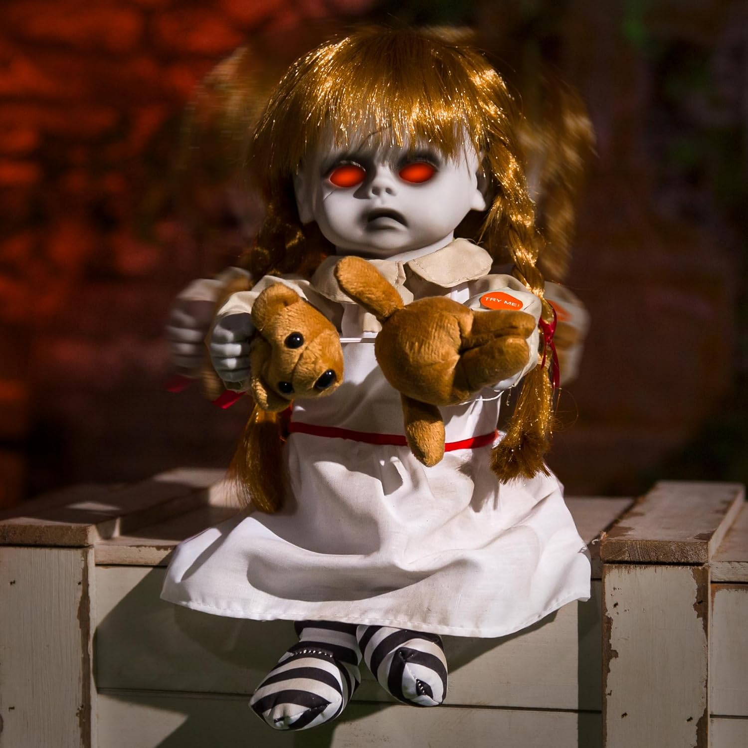 Creepy Girl Doll Animatronic Halloween Decor with Light Up Eyes