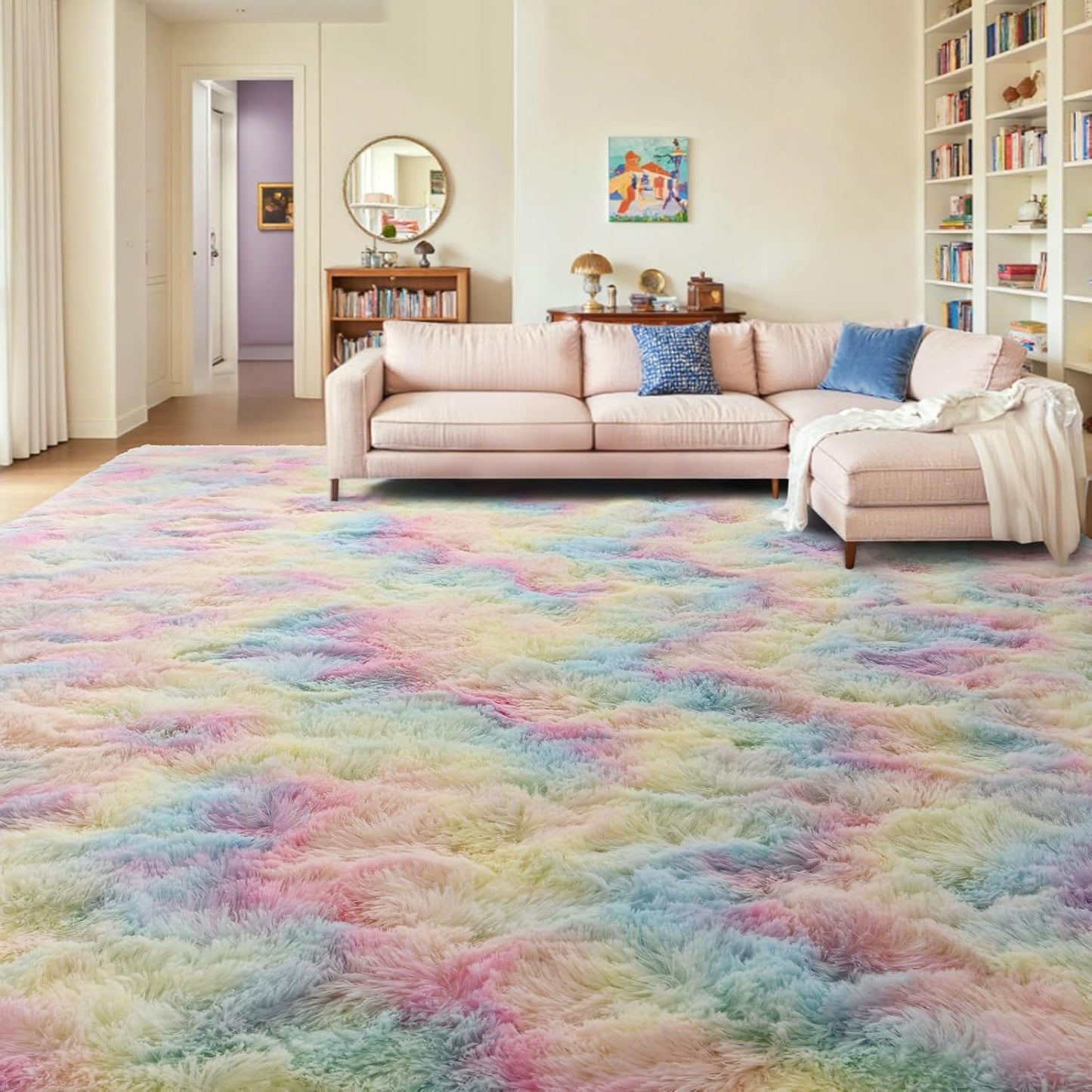 FinRec 9x12 Feet Rainbow Fluffy Shag Area Rug for Home