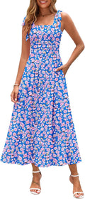 Womens Spaghetti Strap Floral Maxi Dress with Pockets - Smocked Fit