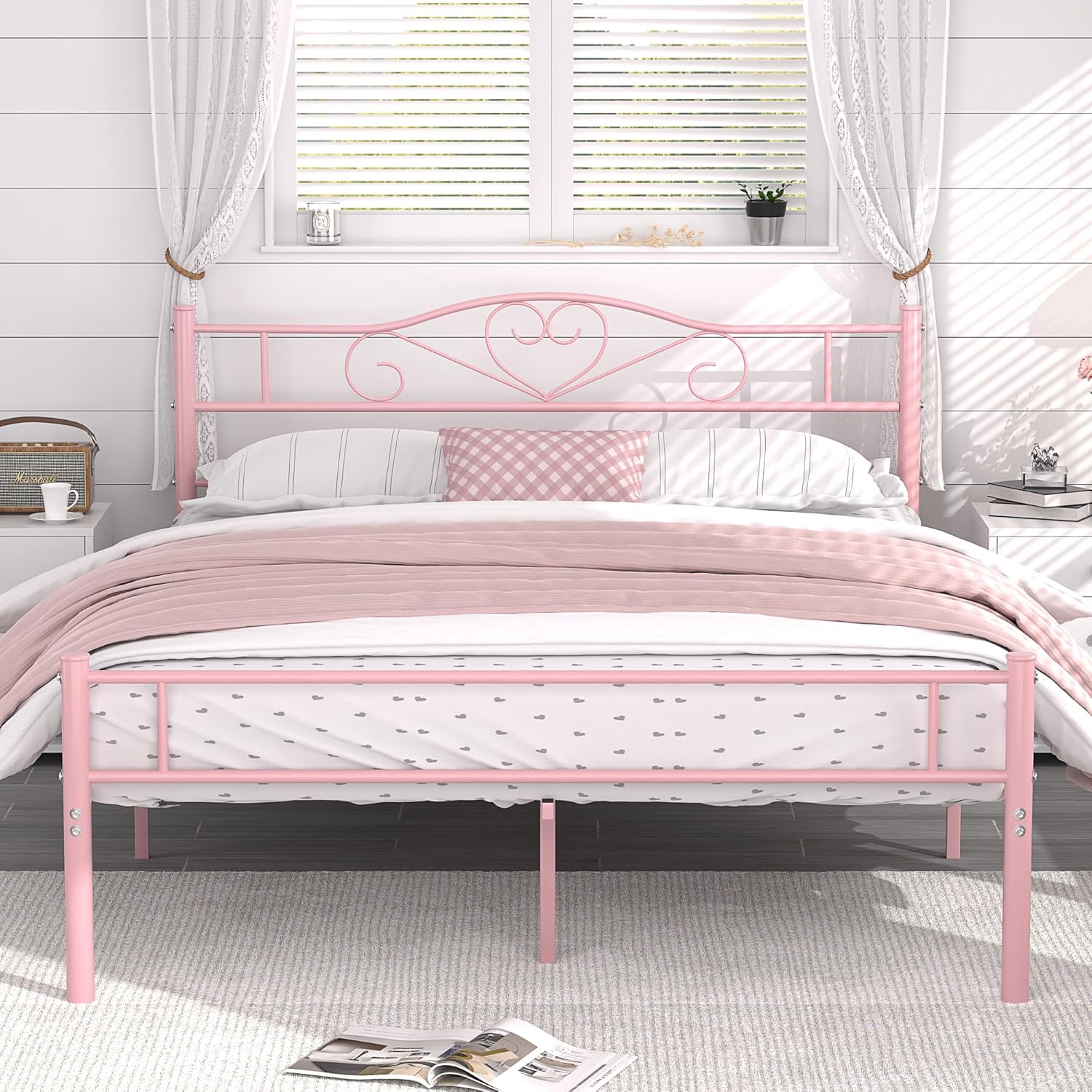 VECELO 14 Inch Queen Size Metal Platform Bed Frame in Pink