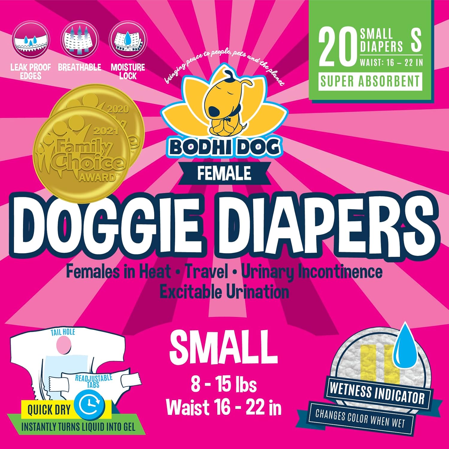 Bodhi Dog Female Dog Diapers - Super Absorbent Pee Wraps - Small (20 Count)