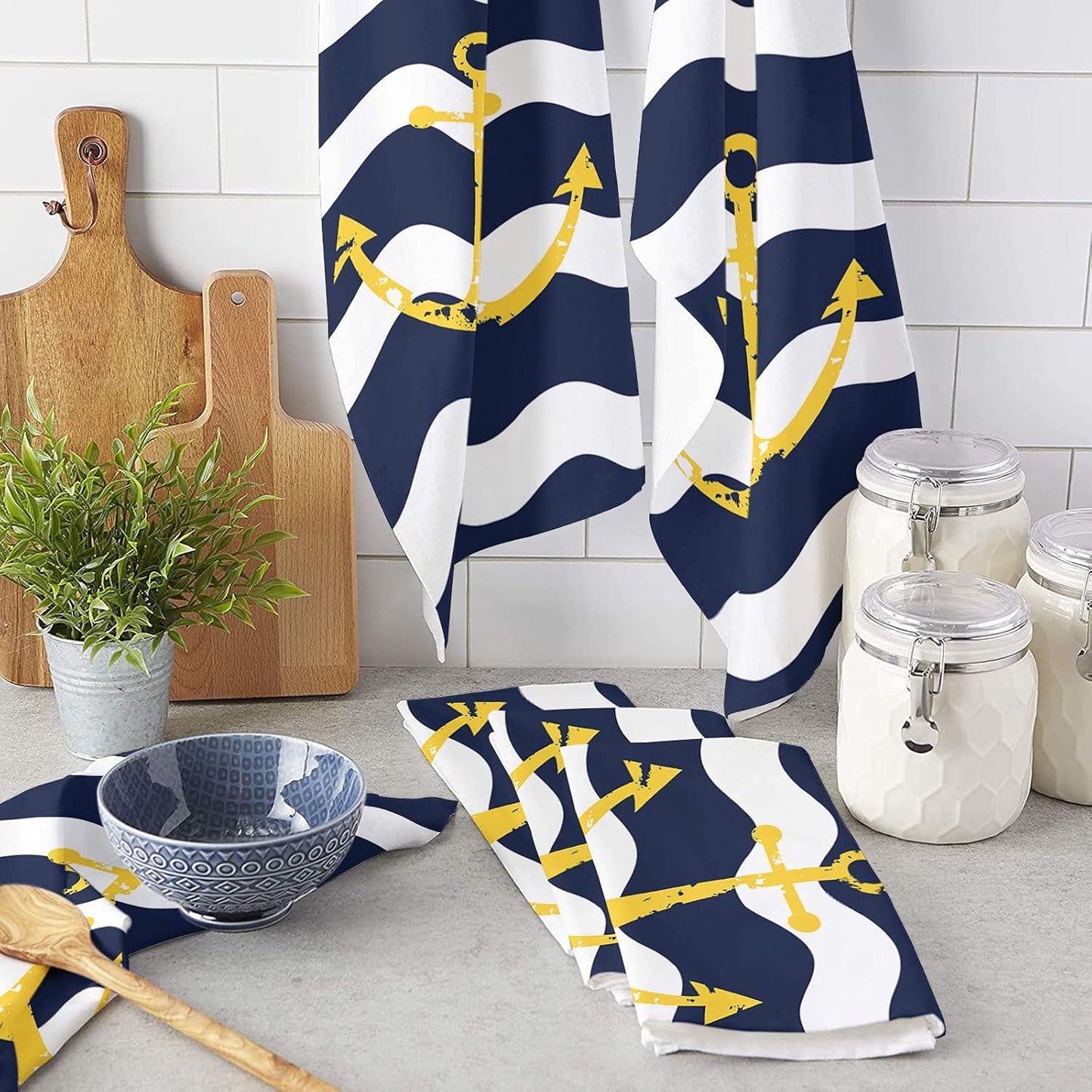 Quick Dry Microfiber Kitchen Towels Set - Navy Anchor Stripe Design