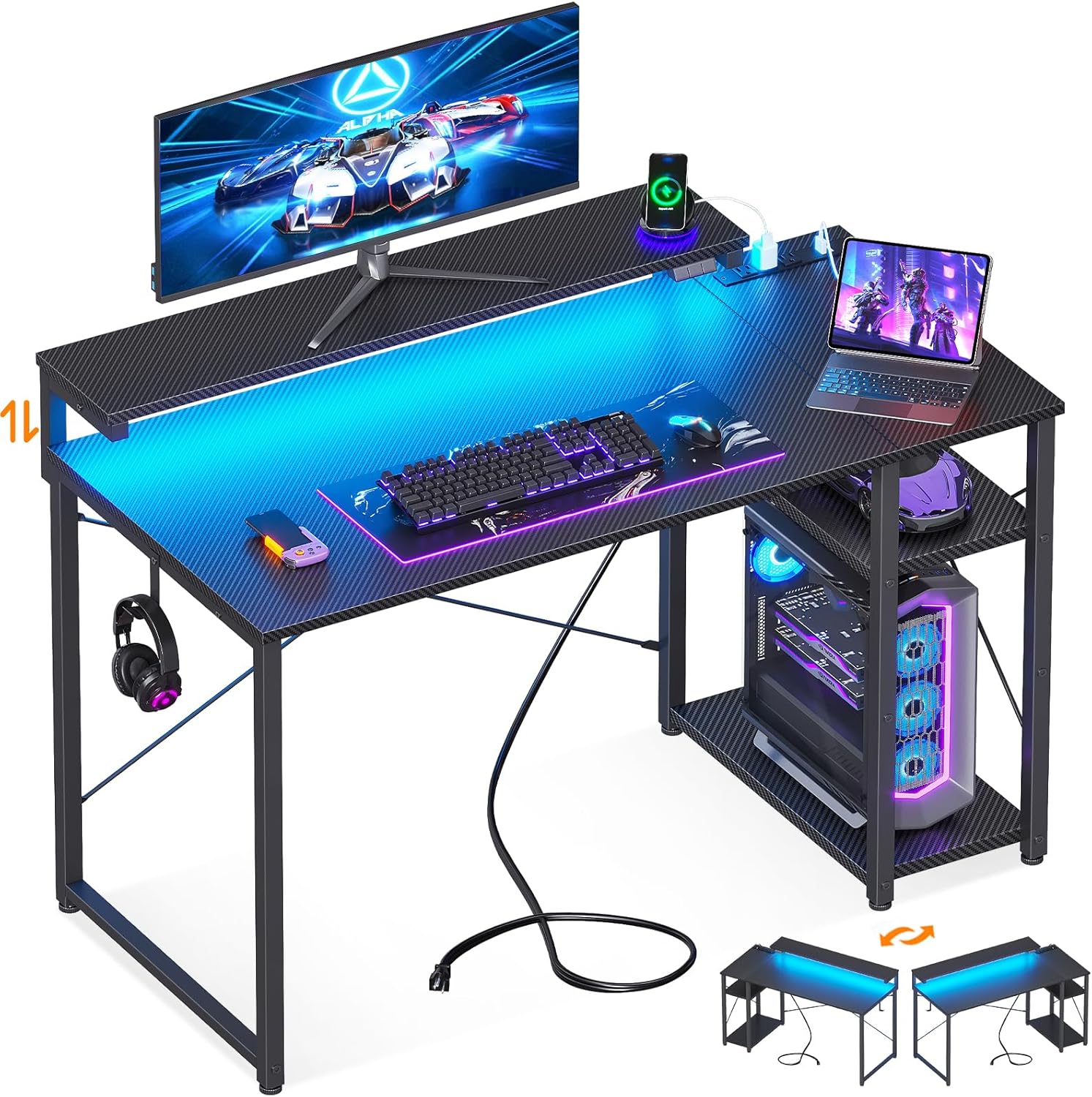 40 LED Gaming Desk with Shelves & Power Outlet