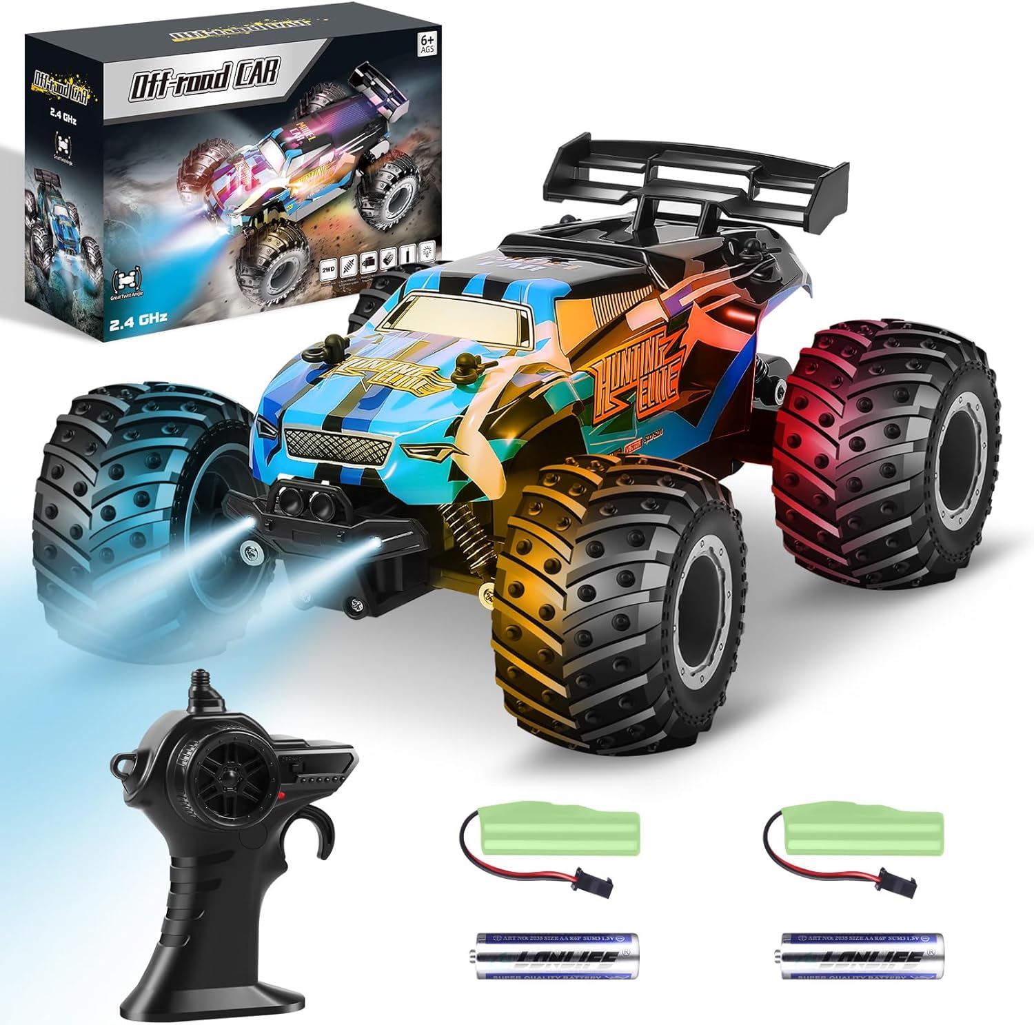 High Speed All Terrain RC Truck, LED Body Light, 2 Batteries!