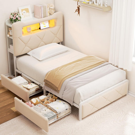 Twin Upholstered LED Bed Frame with Storage for Kids and Teens