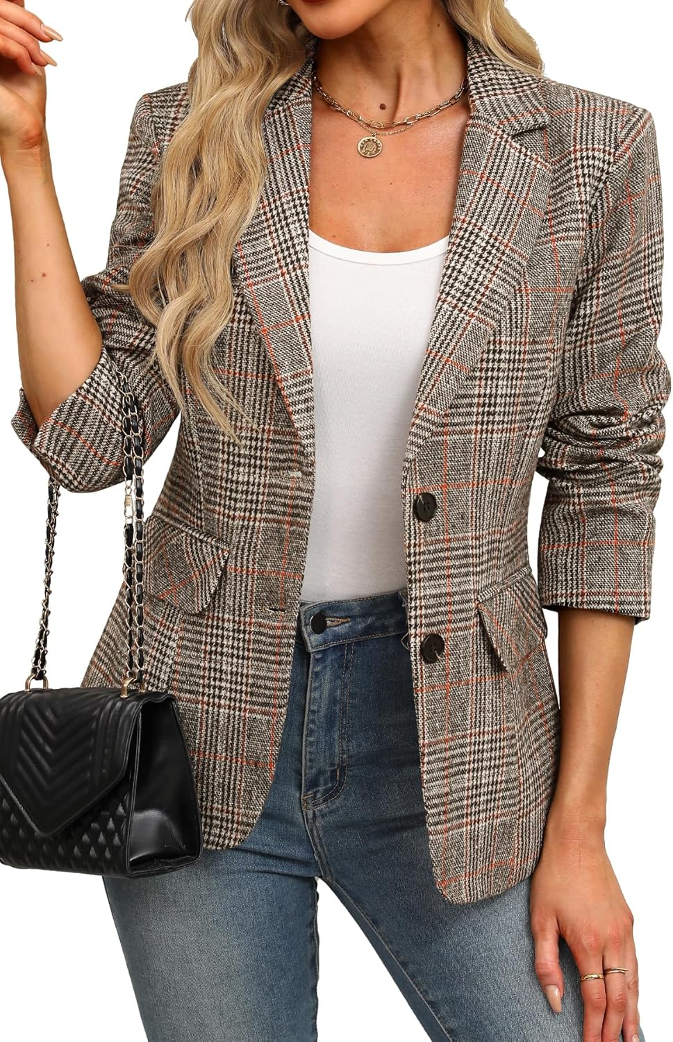 ELLEVEN Women's Lapel Collar Plaid Blazer for Stylish Office Wear