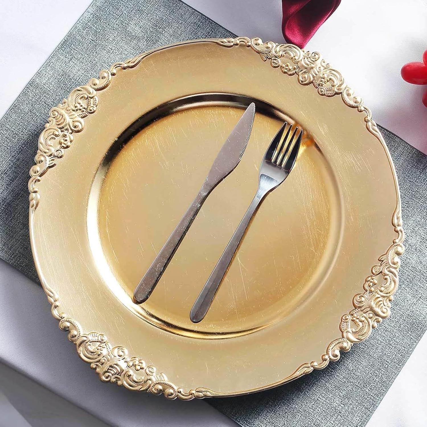 13 Inch Gold Baroque Charger Plates Set of 12 for Events