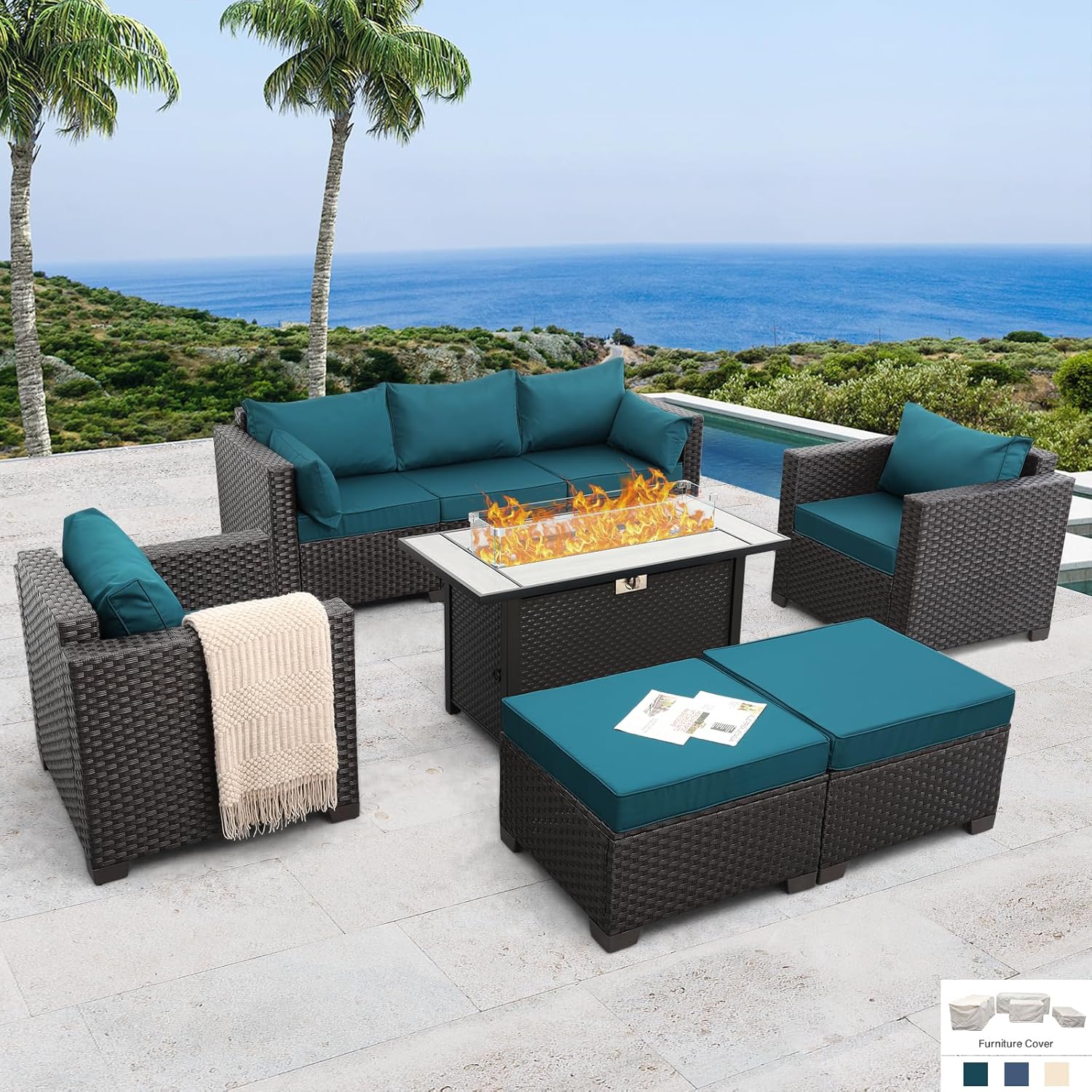 Patio Furniture Set 6-Piece Outdoor Wicker Sofa with Fire Pit