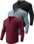 3 Pack Mens Waffle Henley Thermal Long Sleeve Shirts - Warm, Slim Fit