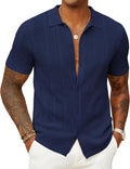 Mens Knit Button Down Shirt Casual Textured Polo Short Sleeve