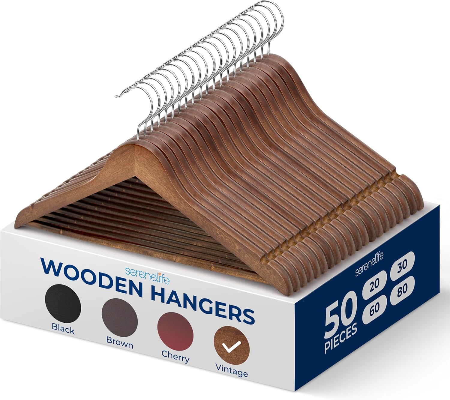 SereneLife Wooden Hangers Set of 50 Heavy Duty Vintage Finish