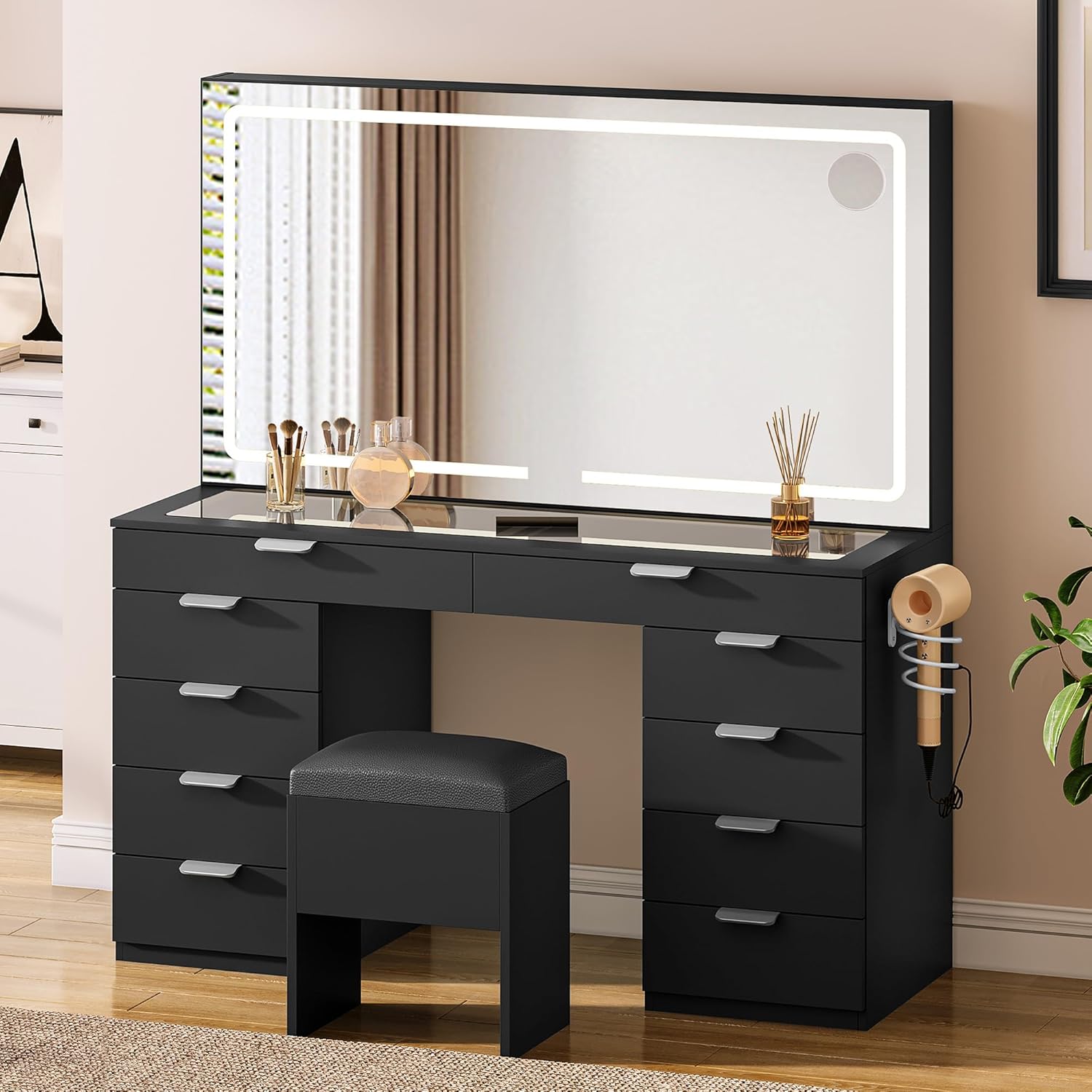 DWVO Vanity Desk with Large Mirror and 10-Drawer Storage