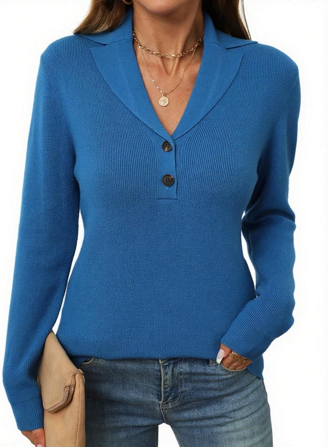 LOMON Sweaters for Women: Stylish V-Neck Collared Pullover