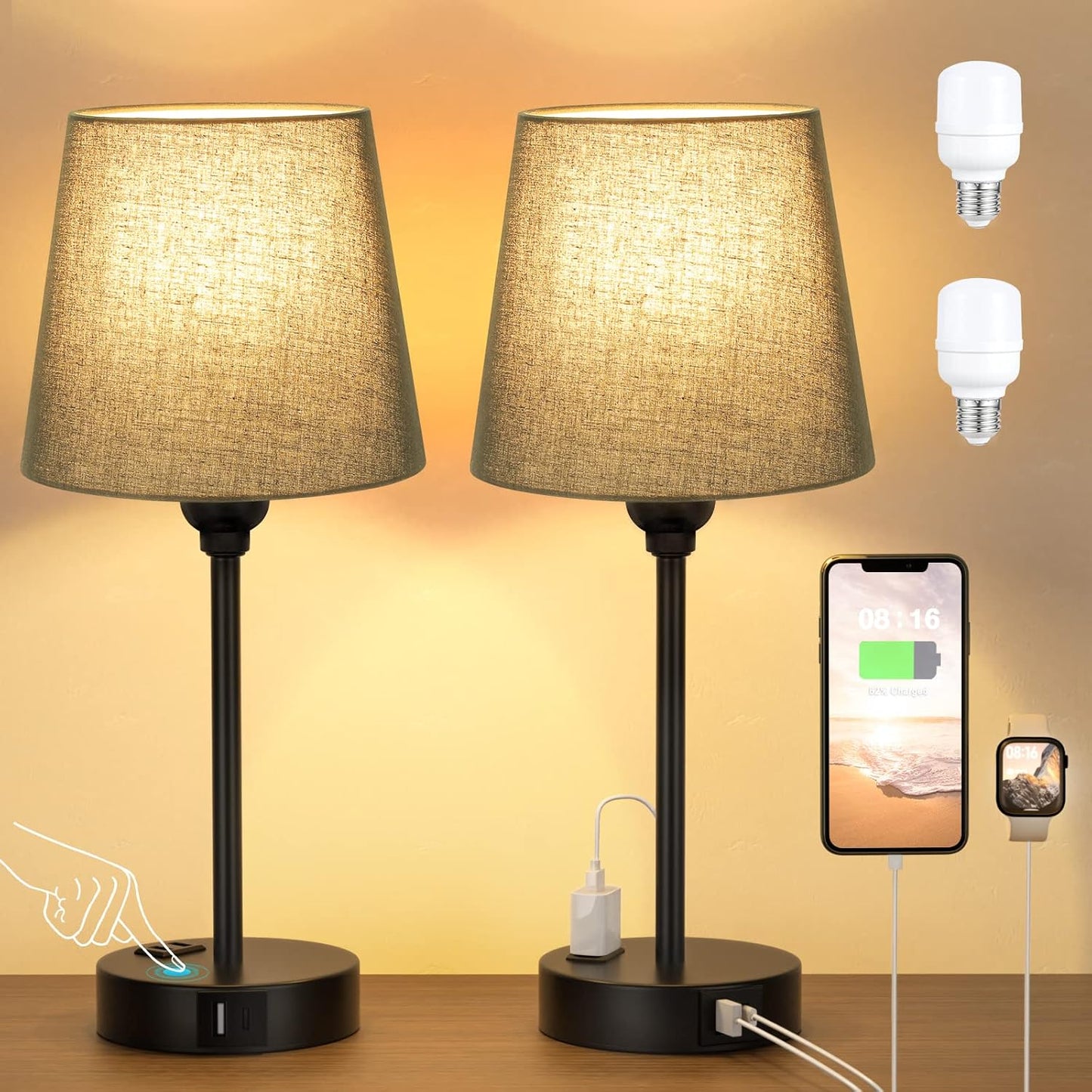 Black Lamp for Bedrooms Set of 2 with USB C Port and AC Outlet