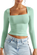 SUUKSESS Women Square Neck Long Sleeve Top - Slim Fitted Basic Women's