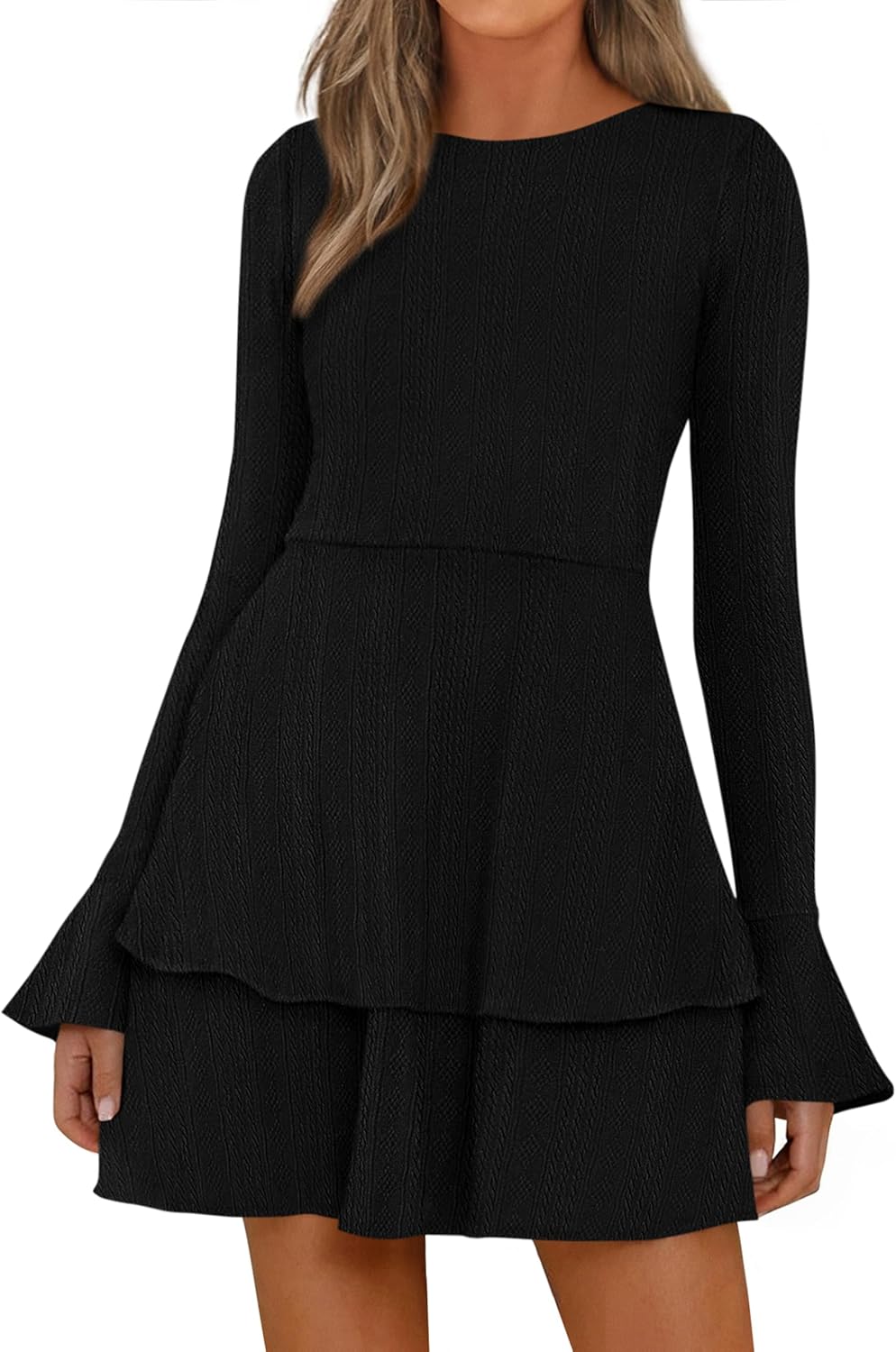 PRETTYGARDEN Womens Fall Fashion Long Bell Sleeve Mini Dress