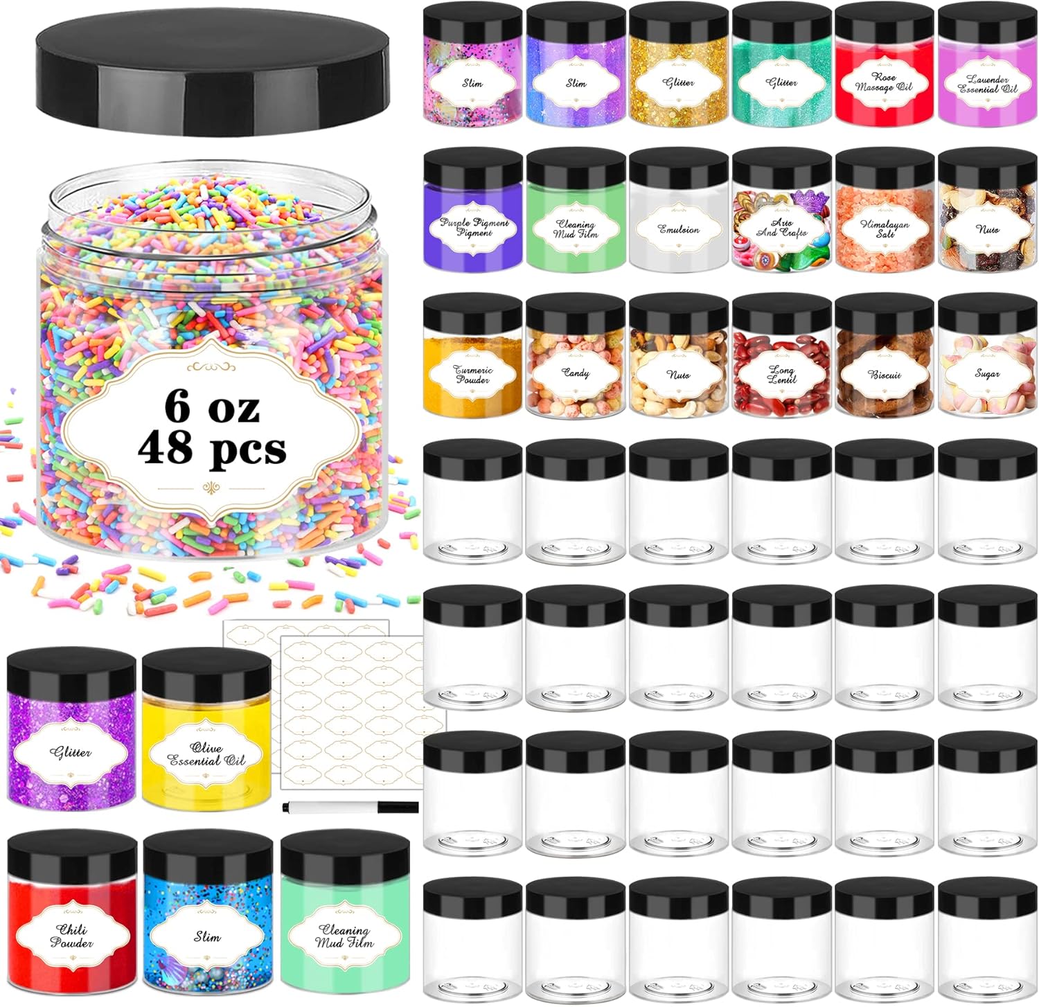 Plastic Jars with Lids - 48 Pcs 6 OZ Clear Storage Containers