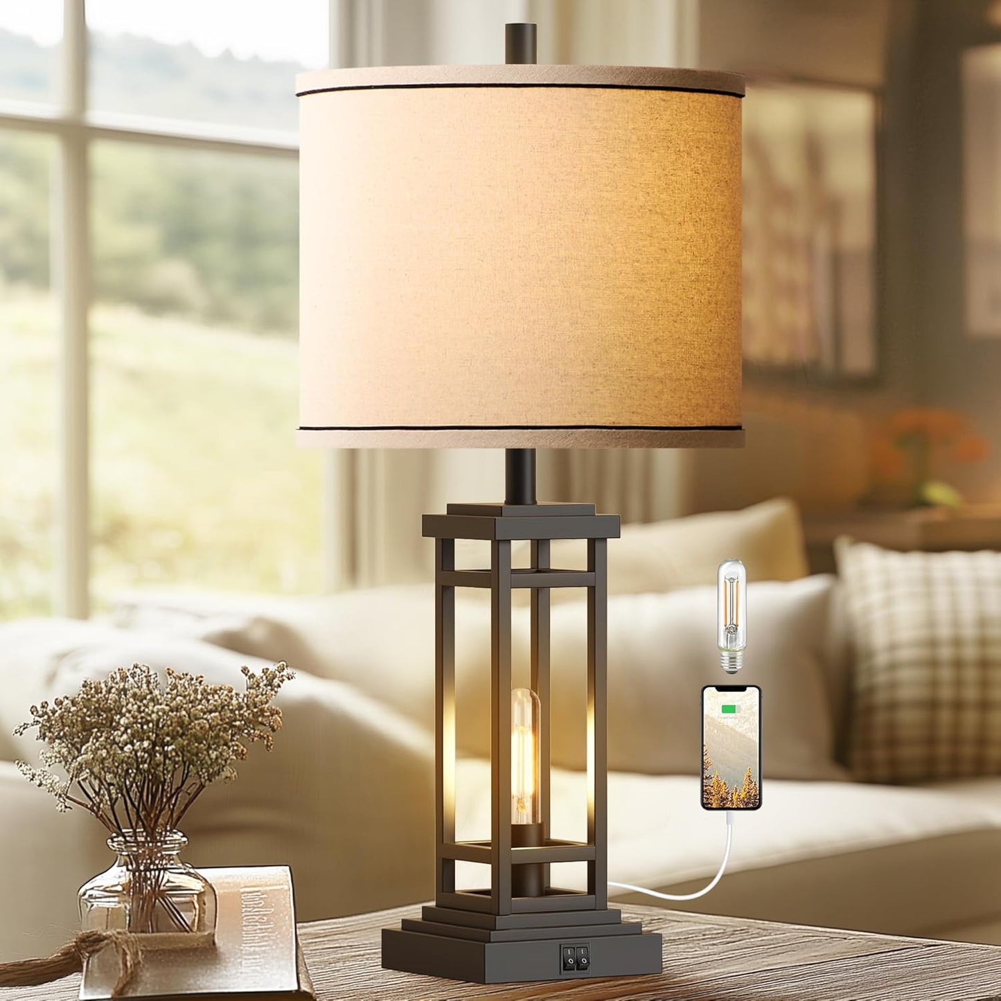 27.5 Tall Farmhouse Table Lamp with USB Ports for Charging