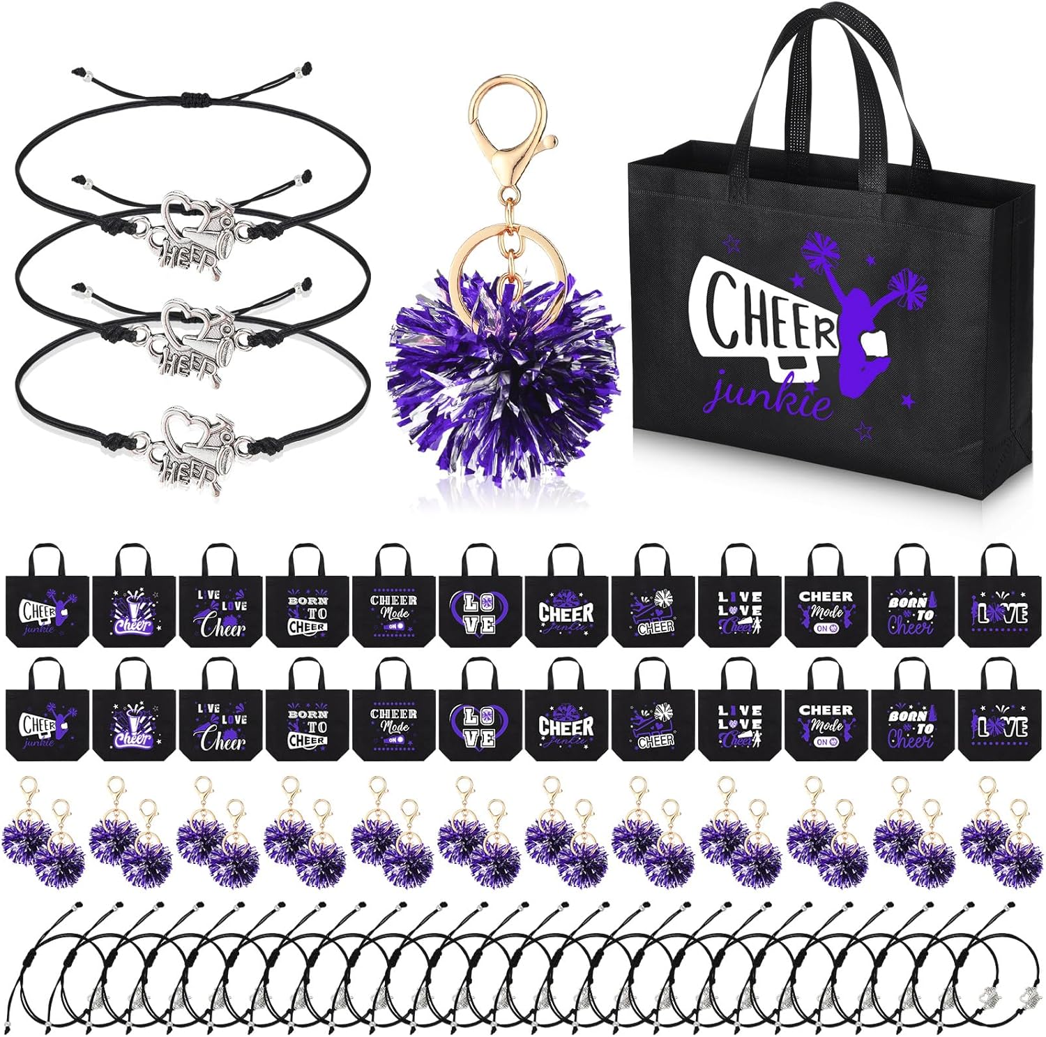 72 Pcs Cheerleading Gifts Set with Bags, Keychains, and Bracelets